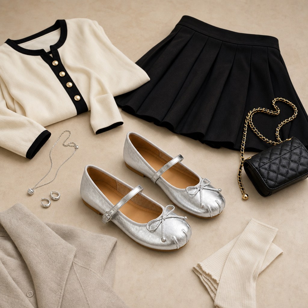 Silvery ballet flats styled with clothing and accessories