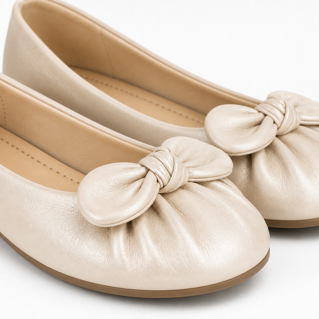 Close-up of upper, lining, bow decoration, and rounded toe