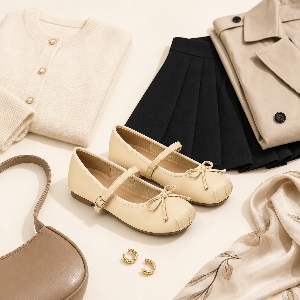 Yellow cream ballet flats styled in a flat lay