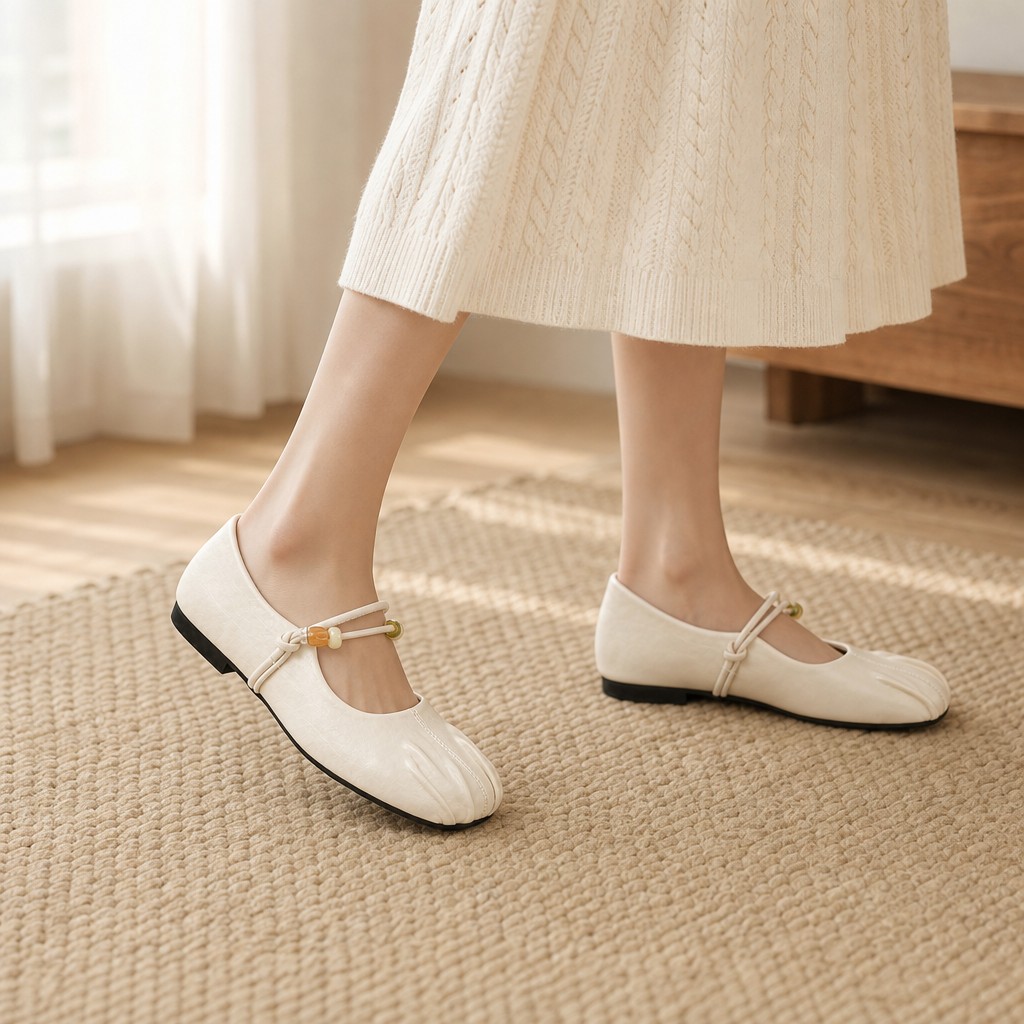 Off-white flats worn in an indoor lifestyle scene