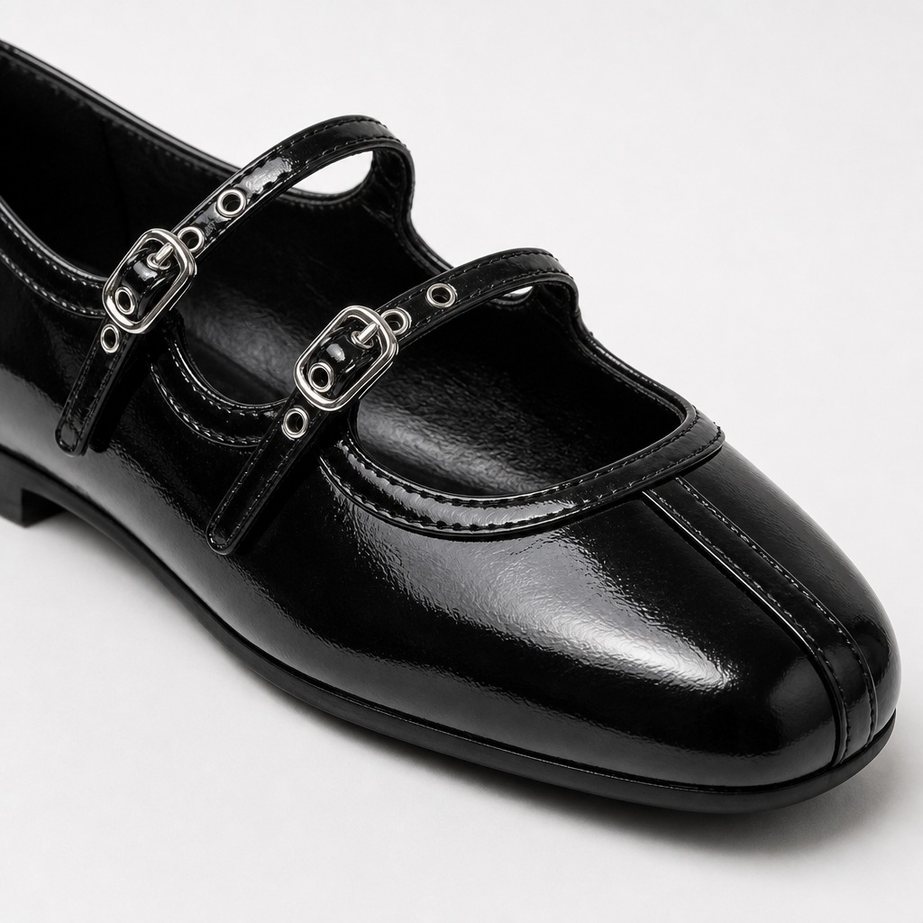 Close-up of glossy Mary Jane flat with stitching, square toe, and buckle straps