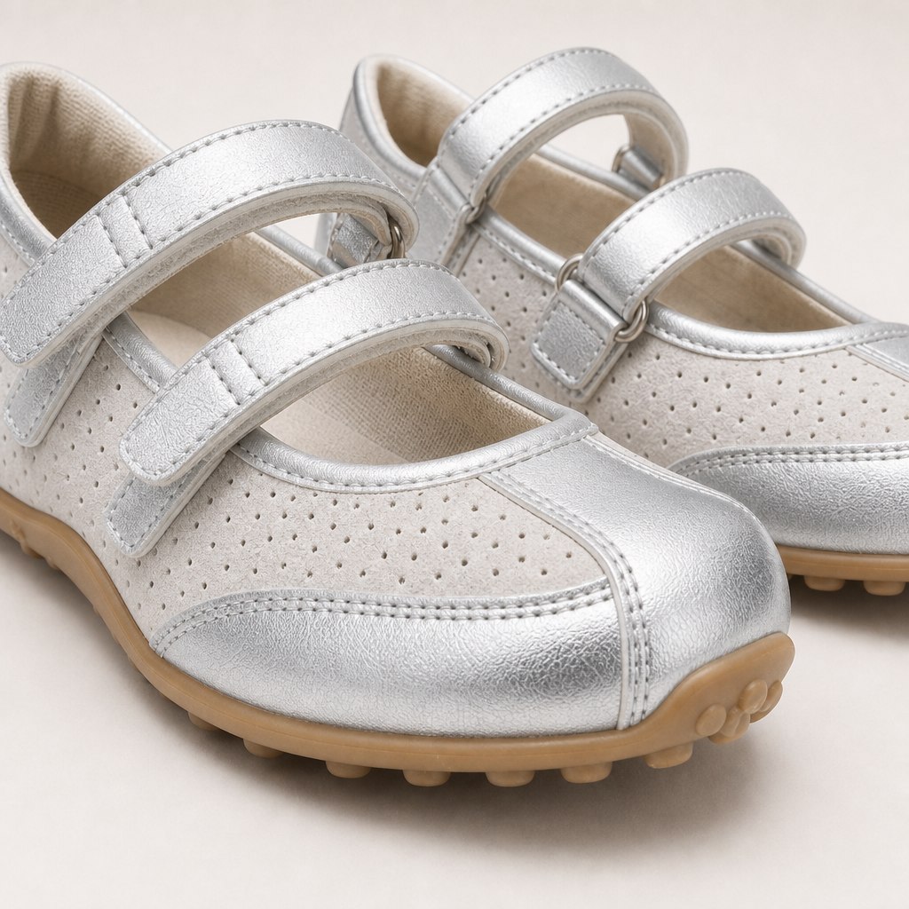 Close-up of Velcro straps, round toe stitching, perforations, and sole texture