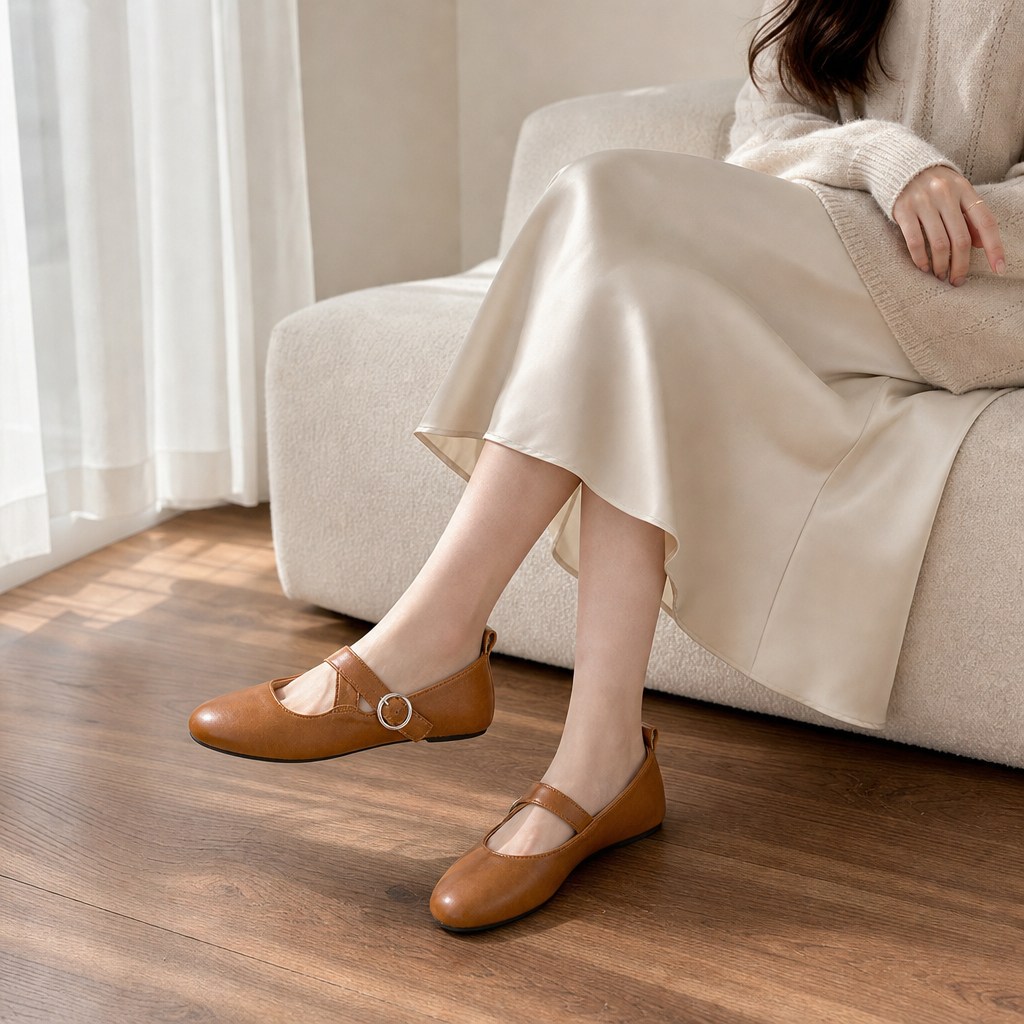 Pumpkin color Mary Jane shoes worn while seated indoors