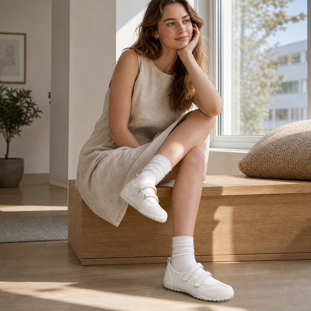 Indoor lifestyle scene showing the shoes worn casually