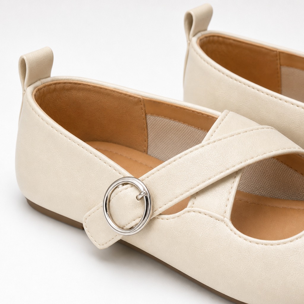 Close-up of the Mary Jane cross strap, buckle, stitching, lining, and heel pull tab