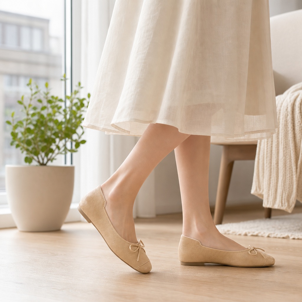 Casual shallow flats worn indoors with lower legs visible