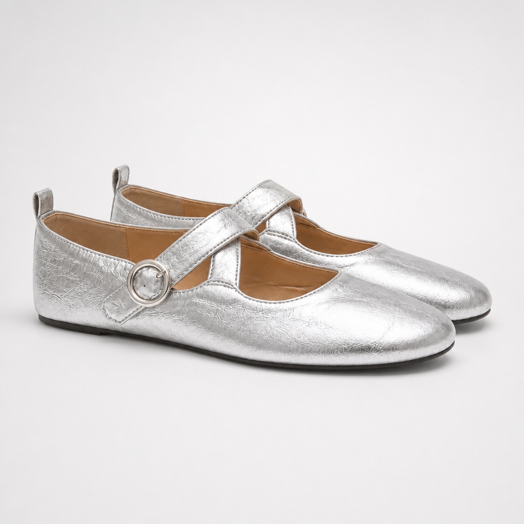 Silvery round toe cross strap Mary Jane shoes