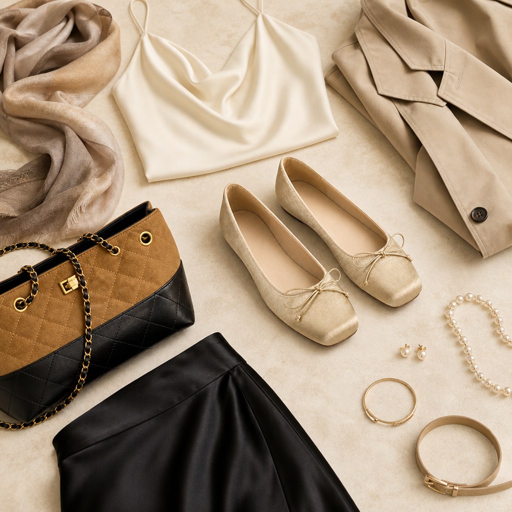 Bow flats styled with clothing and accessories in a flat-lay scene