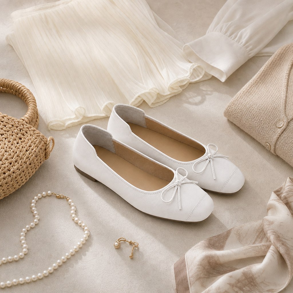 White casual flats in a lifestyle flat-lay scene
