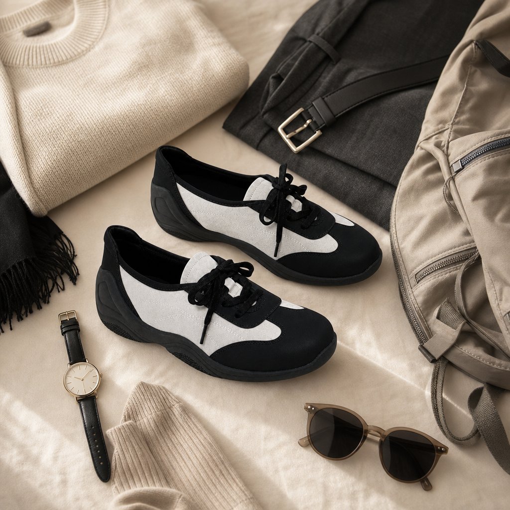 Mustavalkoiset loaferit flat-lay-näkymässä