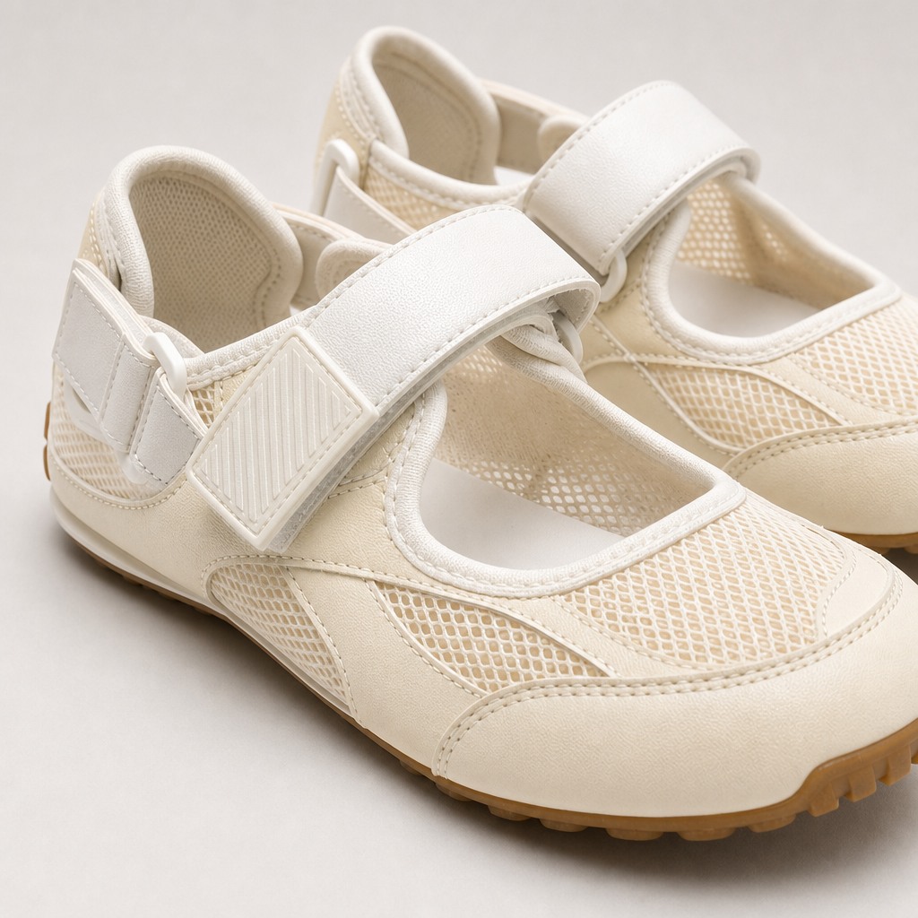 Close-up of strap, mesh upper, stitching, and toe construction