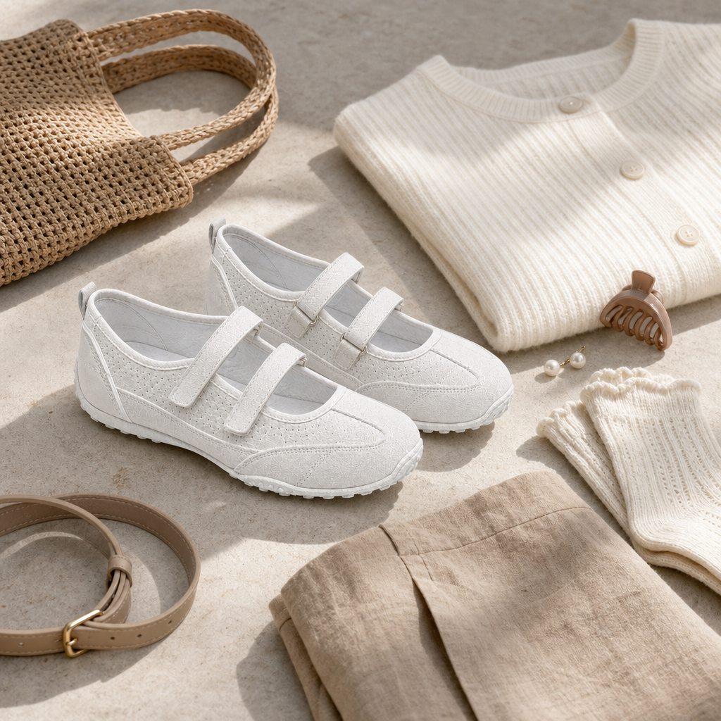 Styled flat lay scene with the Velcro casual shoes and accessories