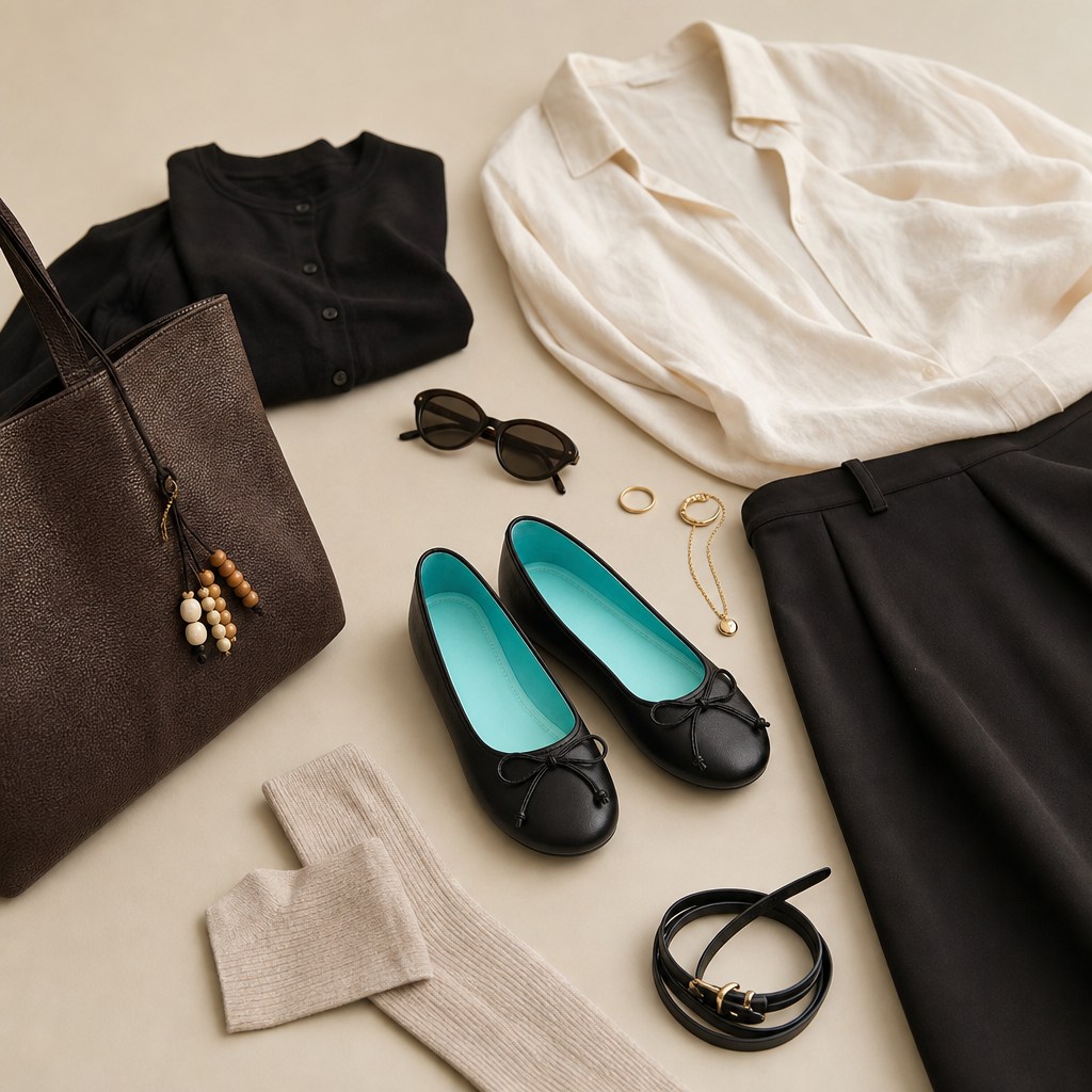 Black casual flats styled with clothing and accessories
