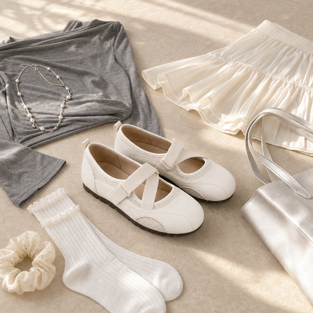 Cream Mary Jane shoes styled with clothing and accessories