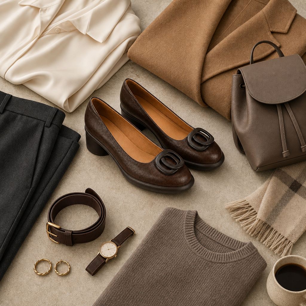 Ruskeat loaferit, joissa on asusteita tasaisessa lay-kuvassa