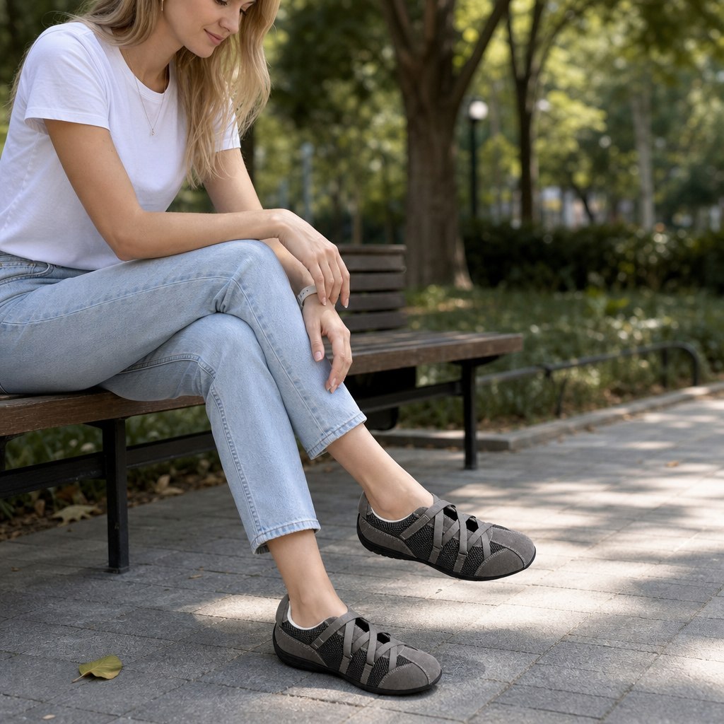 Shoes worn in an outdoor bench scene