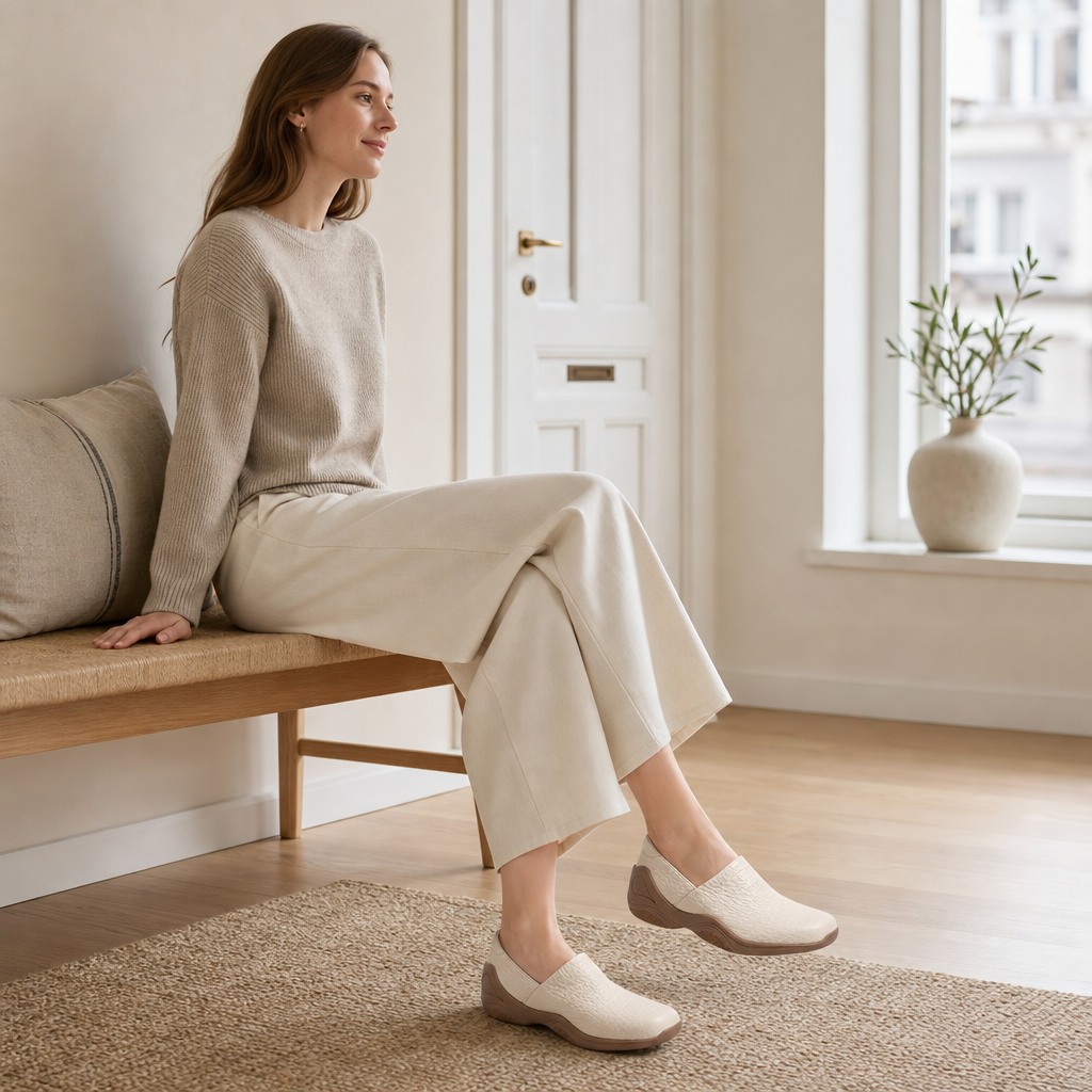 Luonnonvalkoiset slip-on kengät, joita on käytetty lifestyle-huoneessa