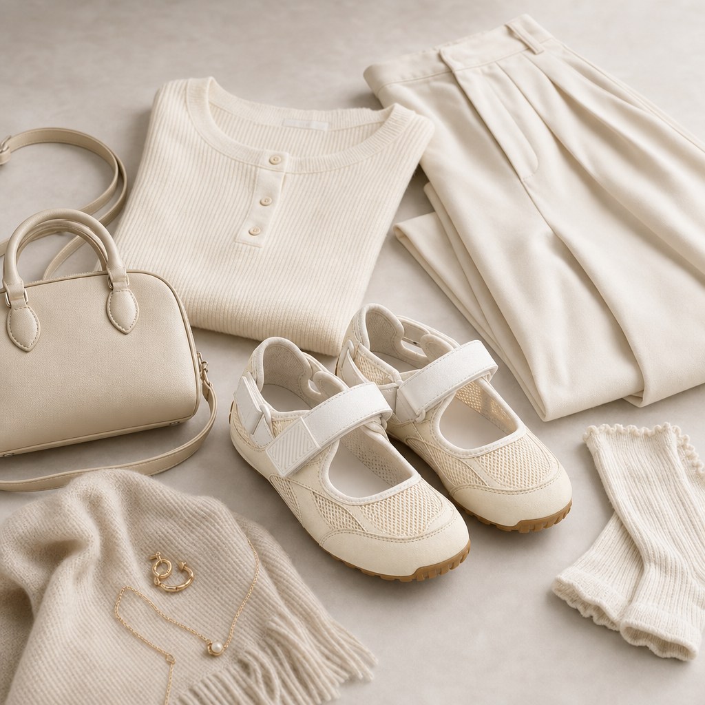 Styled flatlay with casual shoes among clothing and accessories