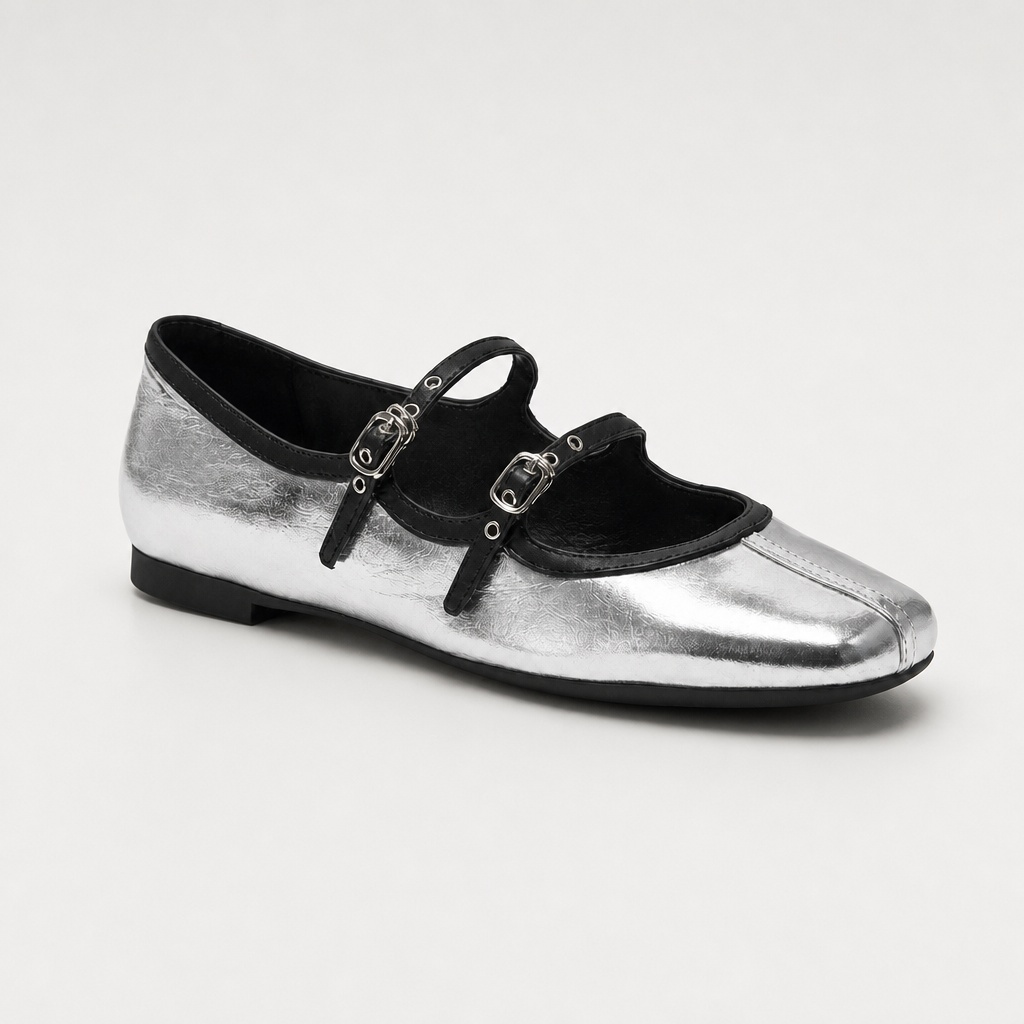Silver and black square toe Mary Jane flat on a light background