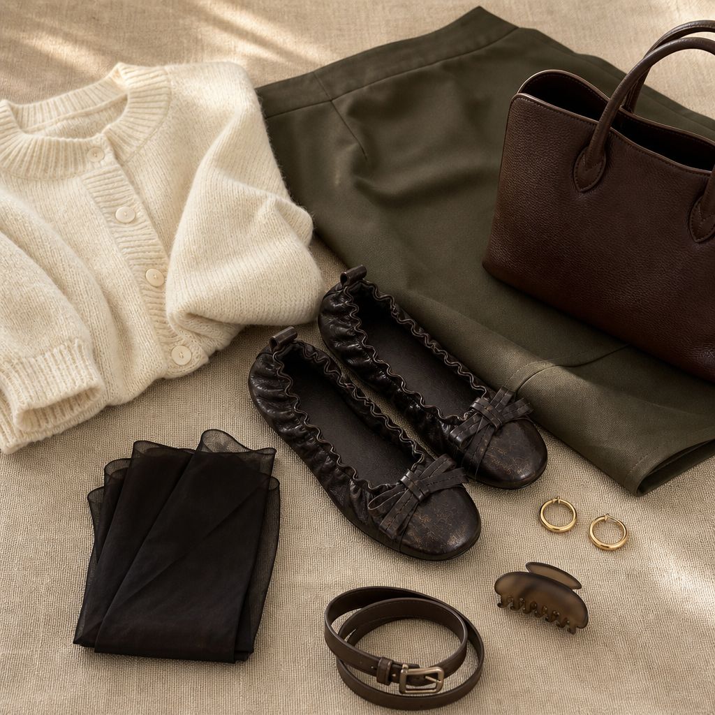 Black flat shoes styled with clothing and accessories in a flat-lay scene