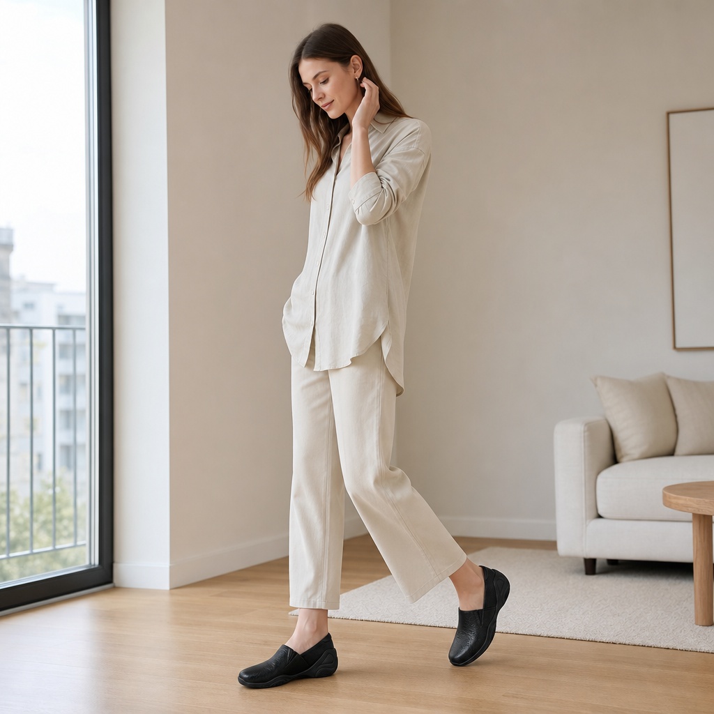Mustat slip-on kengät, joita käytetään sisätiloissa