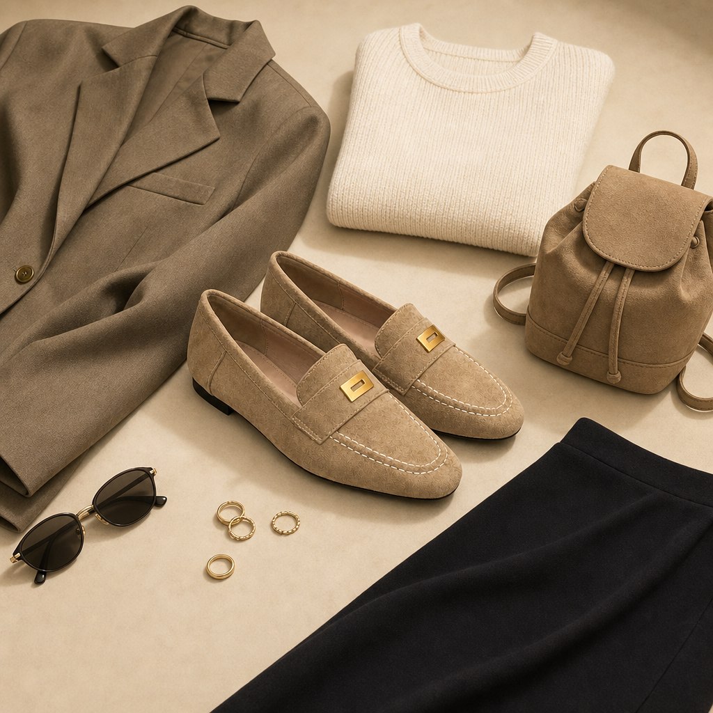 Aprikoosi penny loafers tasainen asettaa asu kohtaus