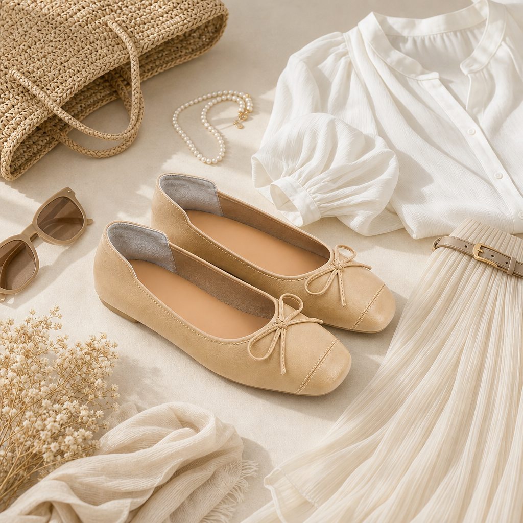 Beige casual flats styled among soft textiles and accessories