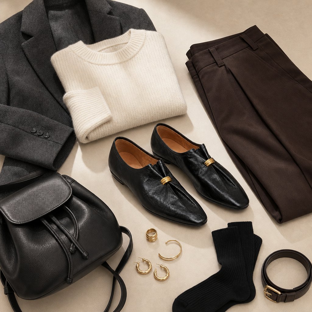 Mustat loafers-tyyliset tasaiset asut