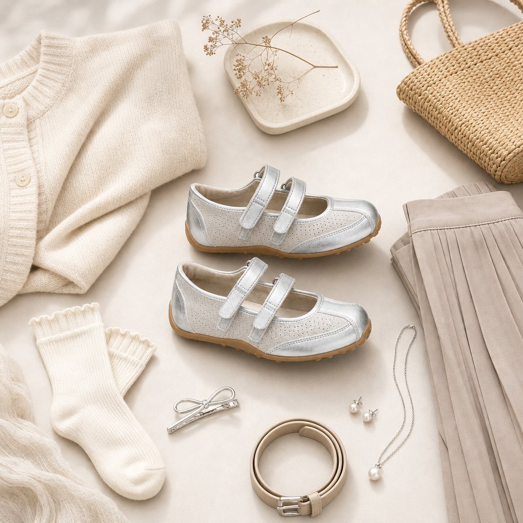 Flat lay styling with the casual Velcro shoes and clothing