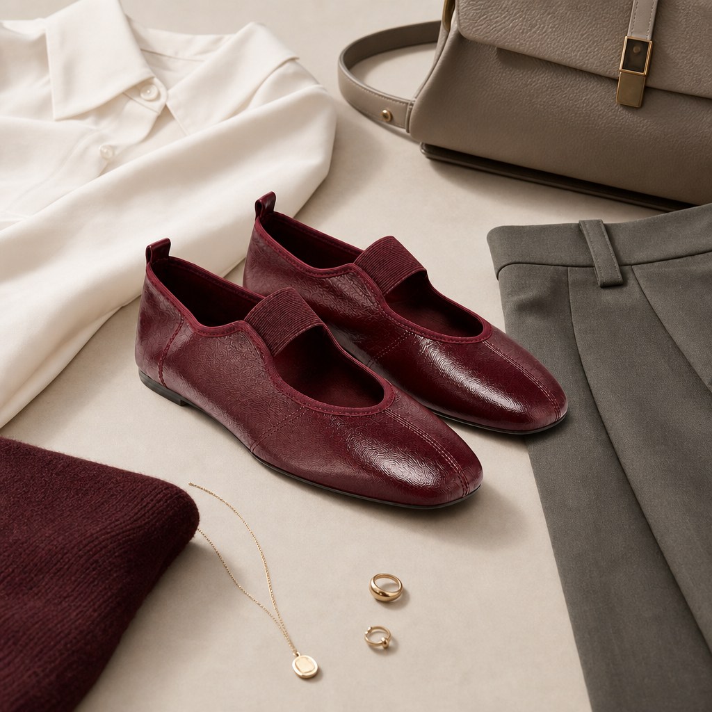 Burgundy flats styled with everyday outfit accessories