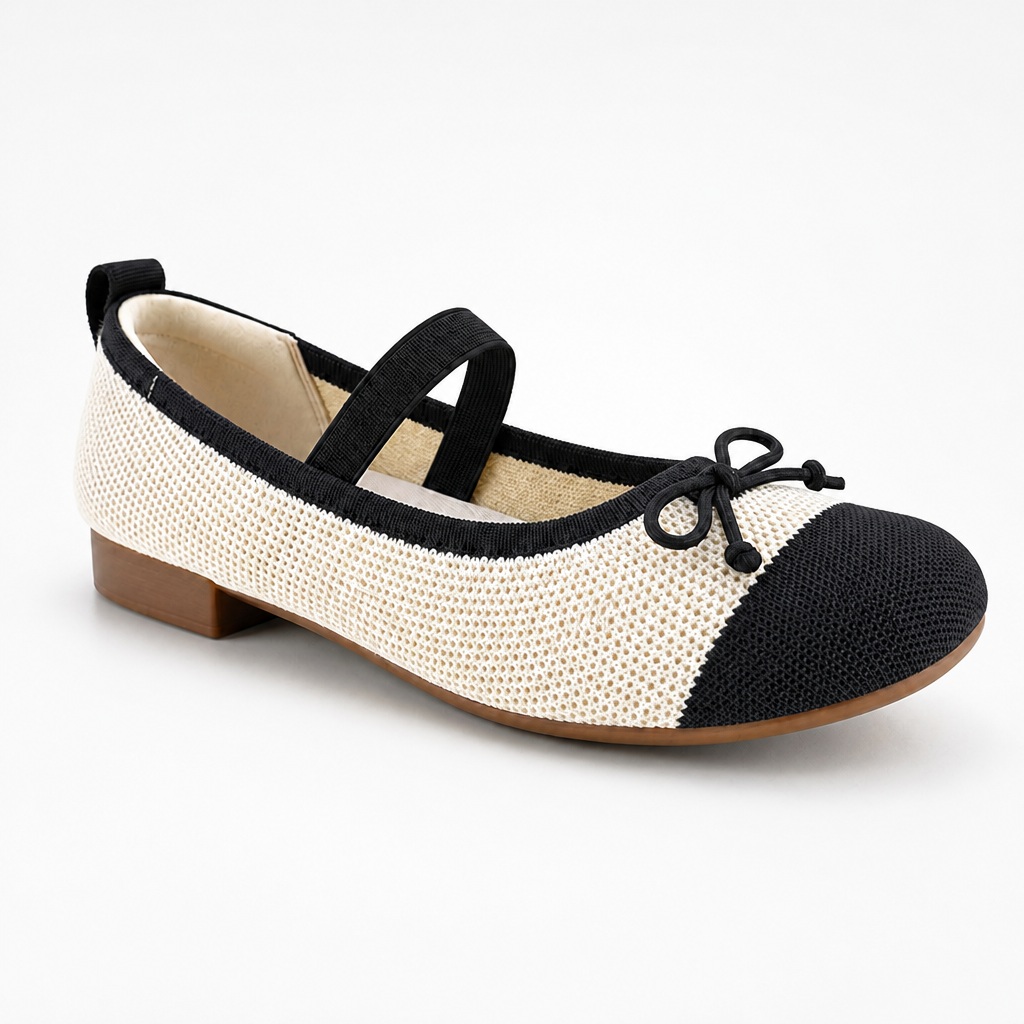 Beige black round toe flats with bow detail