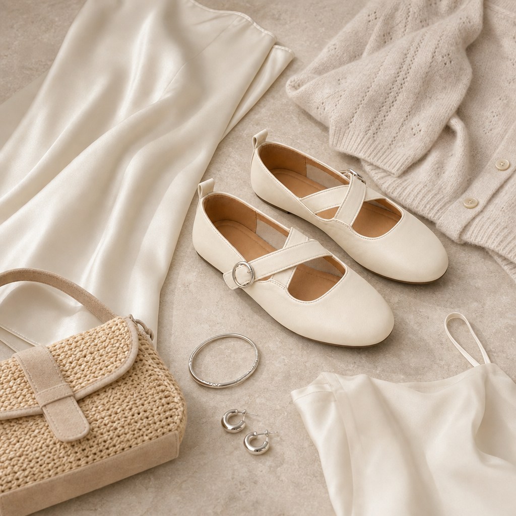 Beige Mary Jane shoes flat lay with fashion accessories