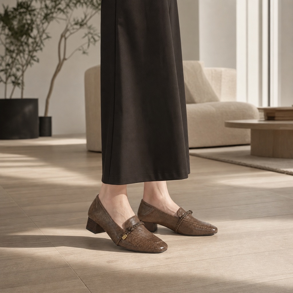 Ruskeat loaferit, joita käytetään valoisassa sisähuoneessa