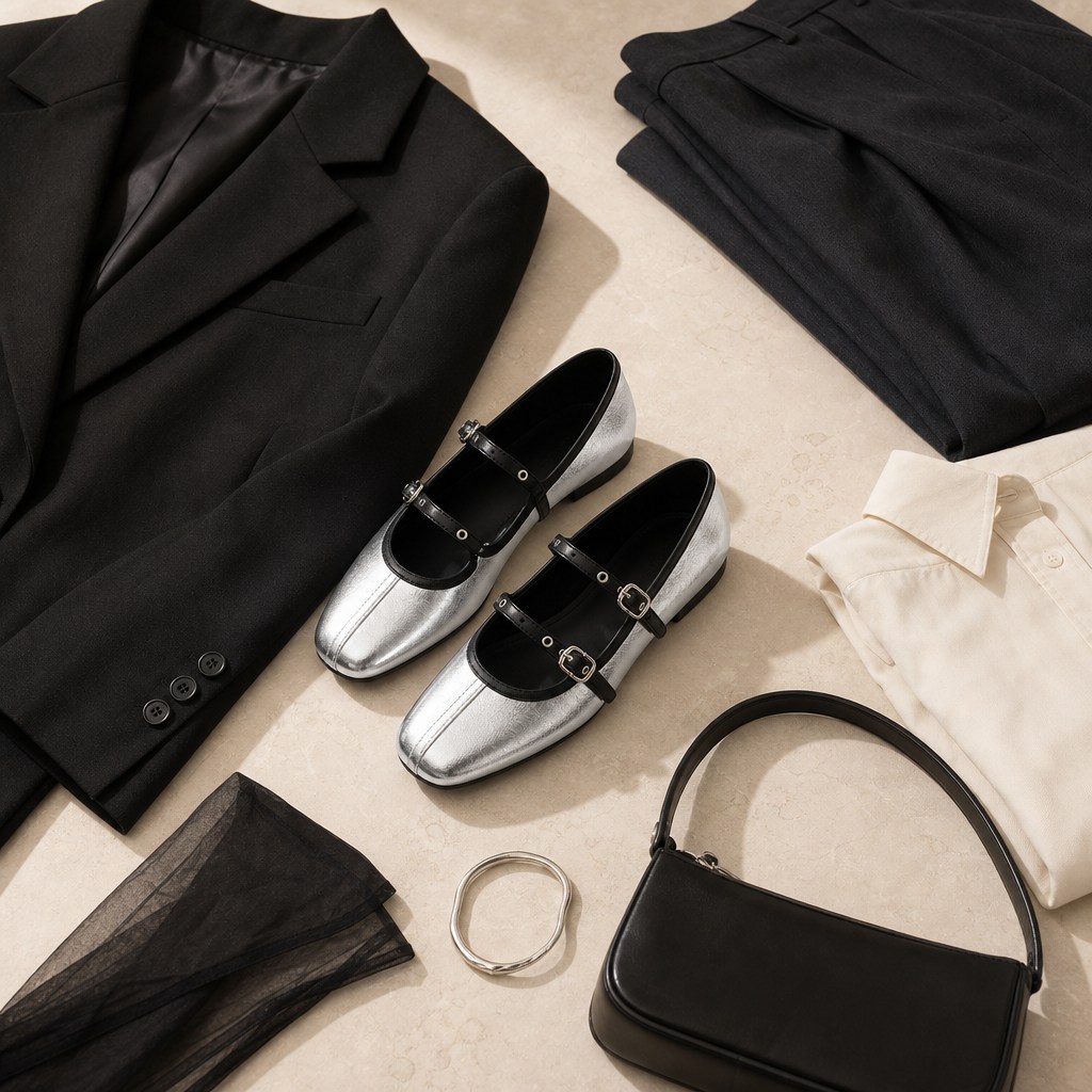 Silver and black Mary Jane flats styled with clothing and accessories