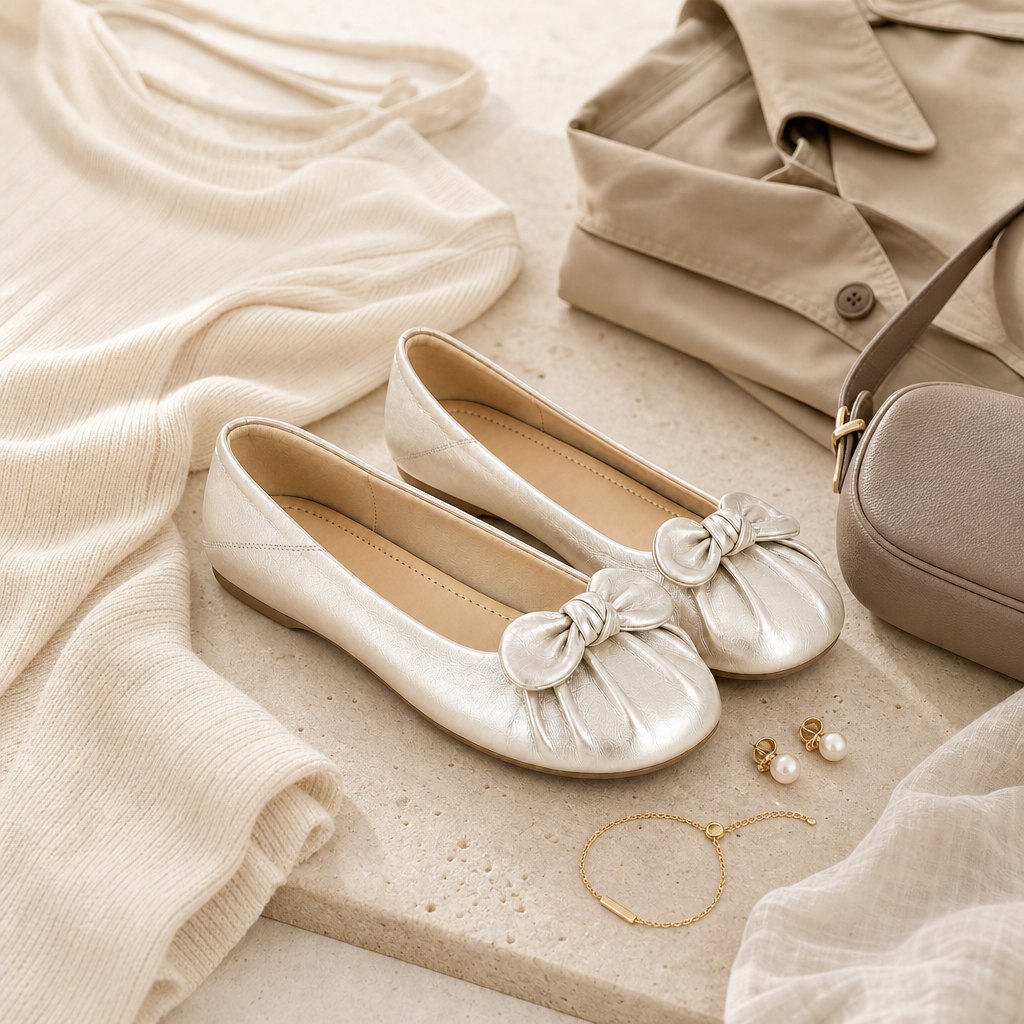 Styled flat-lay scene with flats and accessories