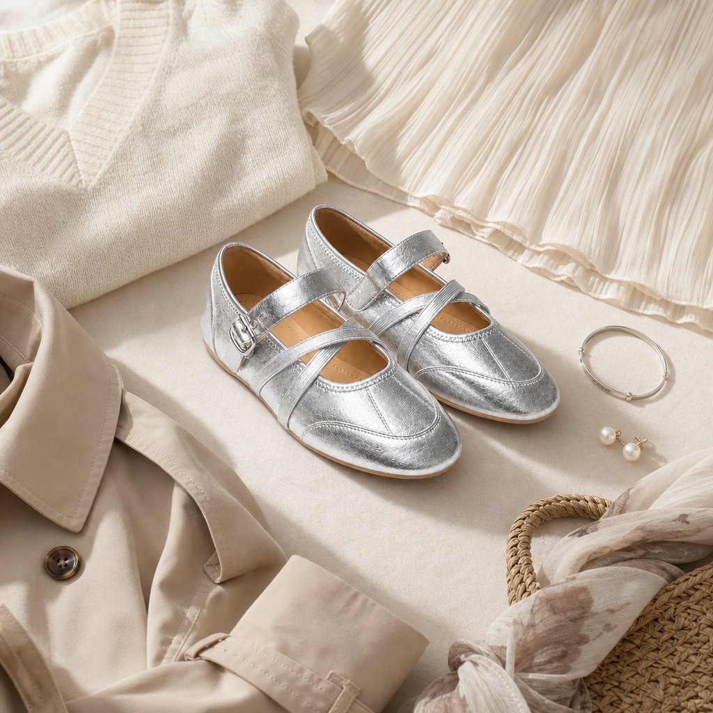 Silvery flats flat-lay with soft accessories