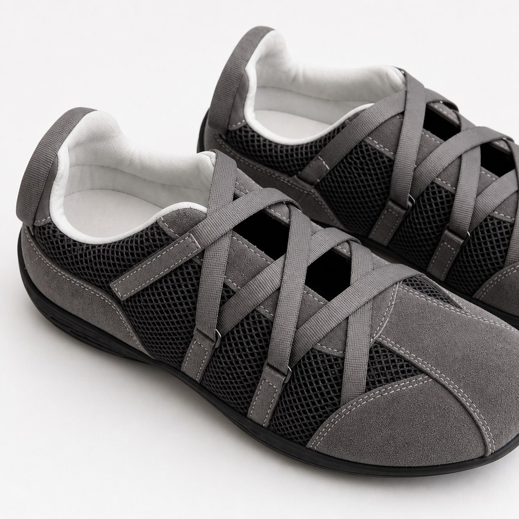 Close-up of laces, upper panels, and rubber sole construction