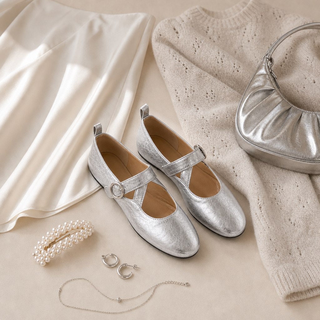 Silvery Mary Jane shoes flat lay with coordinated accessories