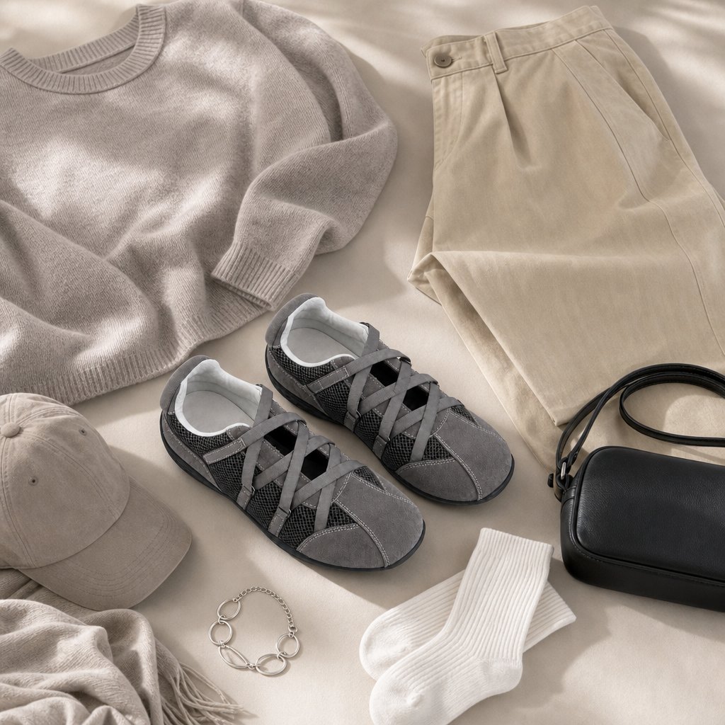 Shoes styled with clothing and accessories