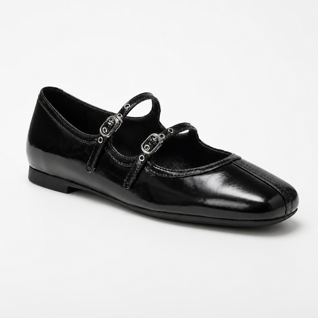 Black square toe Mary Jane flat on a light background
