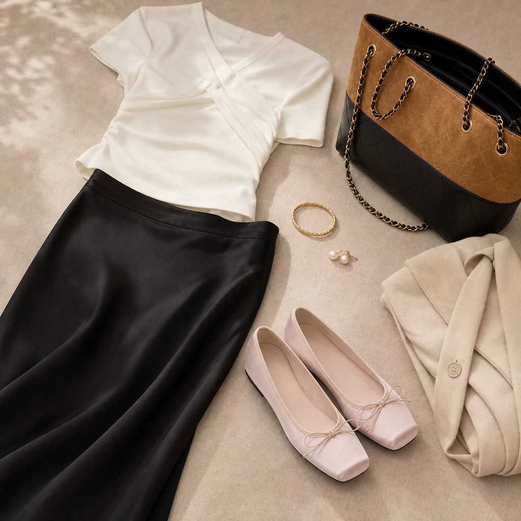 Pink bow flats in an outfit flat-lay scene
