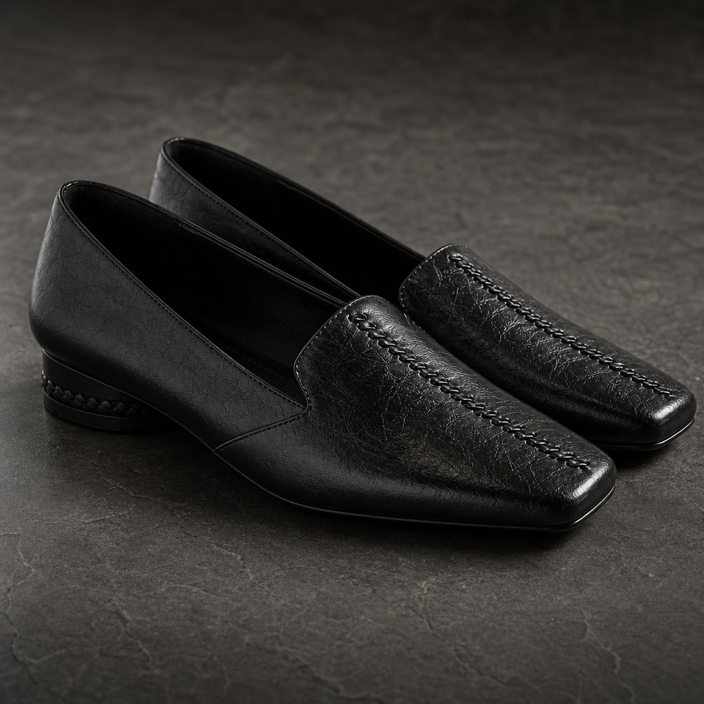 Mustat kiiltävät loaferit tummalla pintakuvioisella pinnalla
