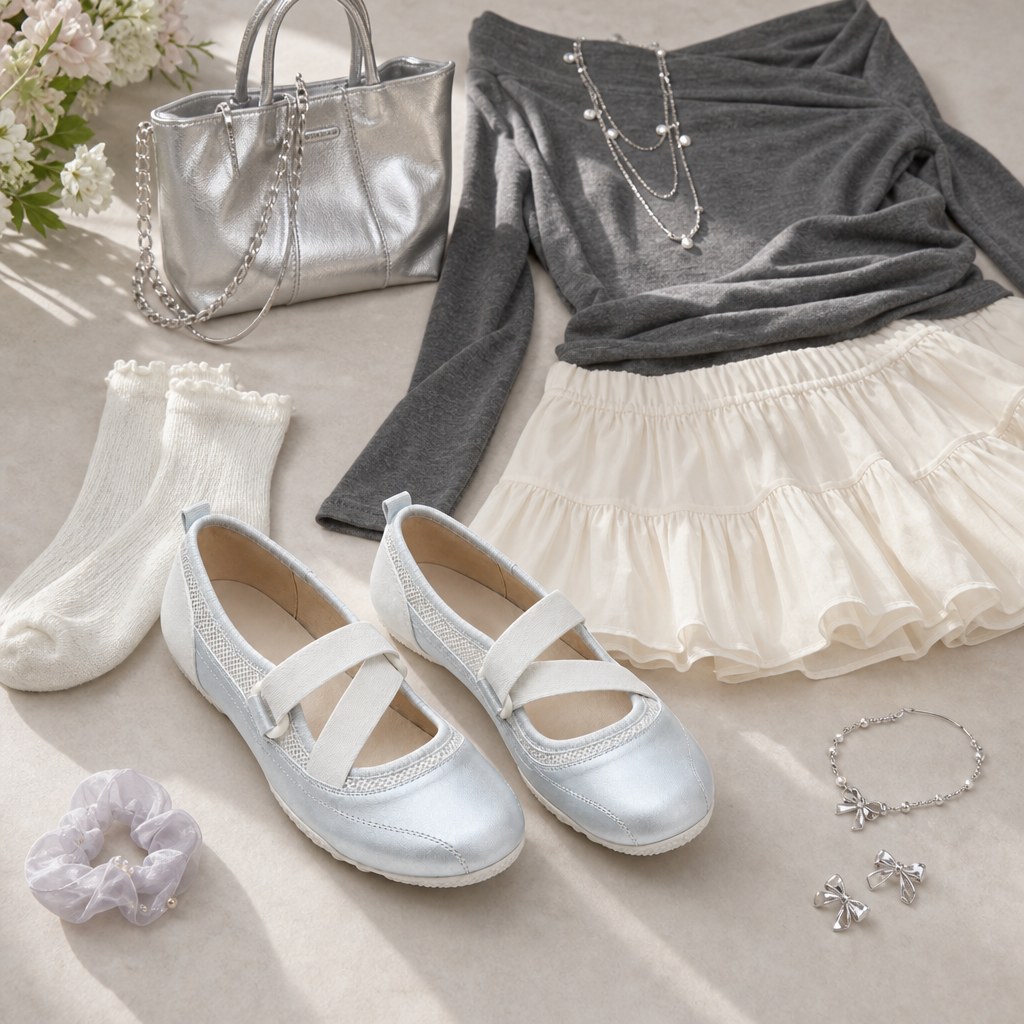 Mary Jane shoes in a styled outfit flat lay