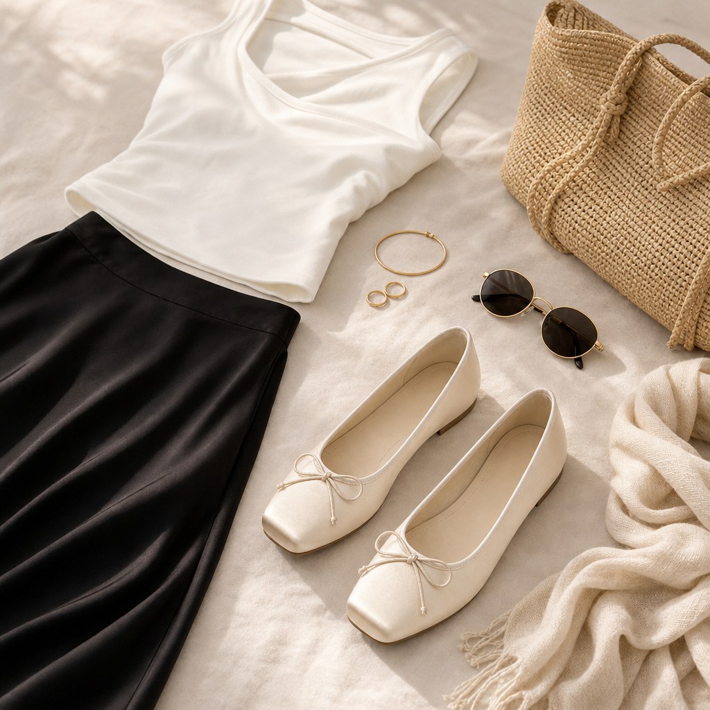 Cream bow flats placed with wardrobe accessories