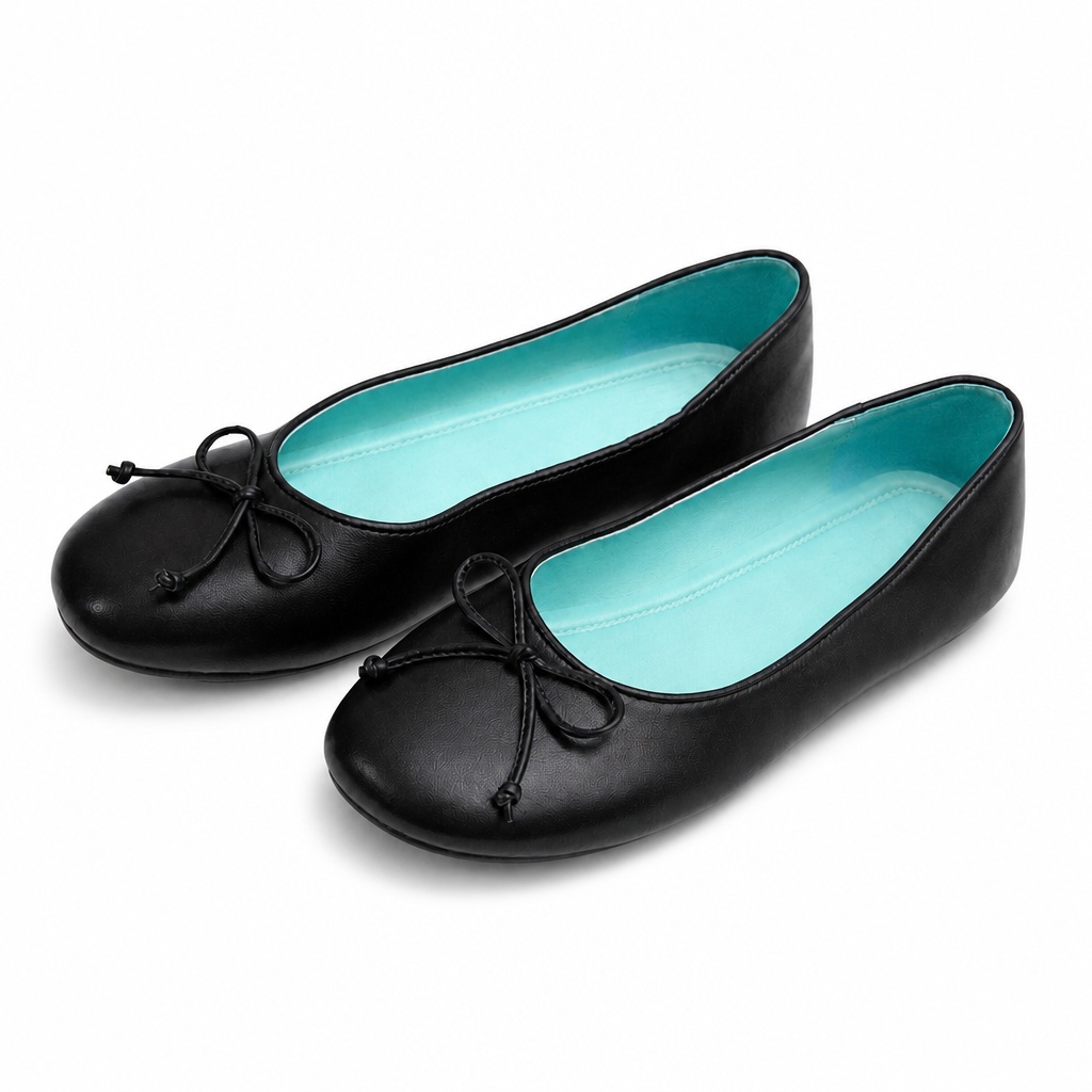 Black round toe lightweight casual flats with bow detail