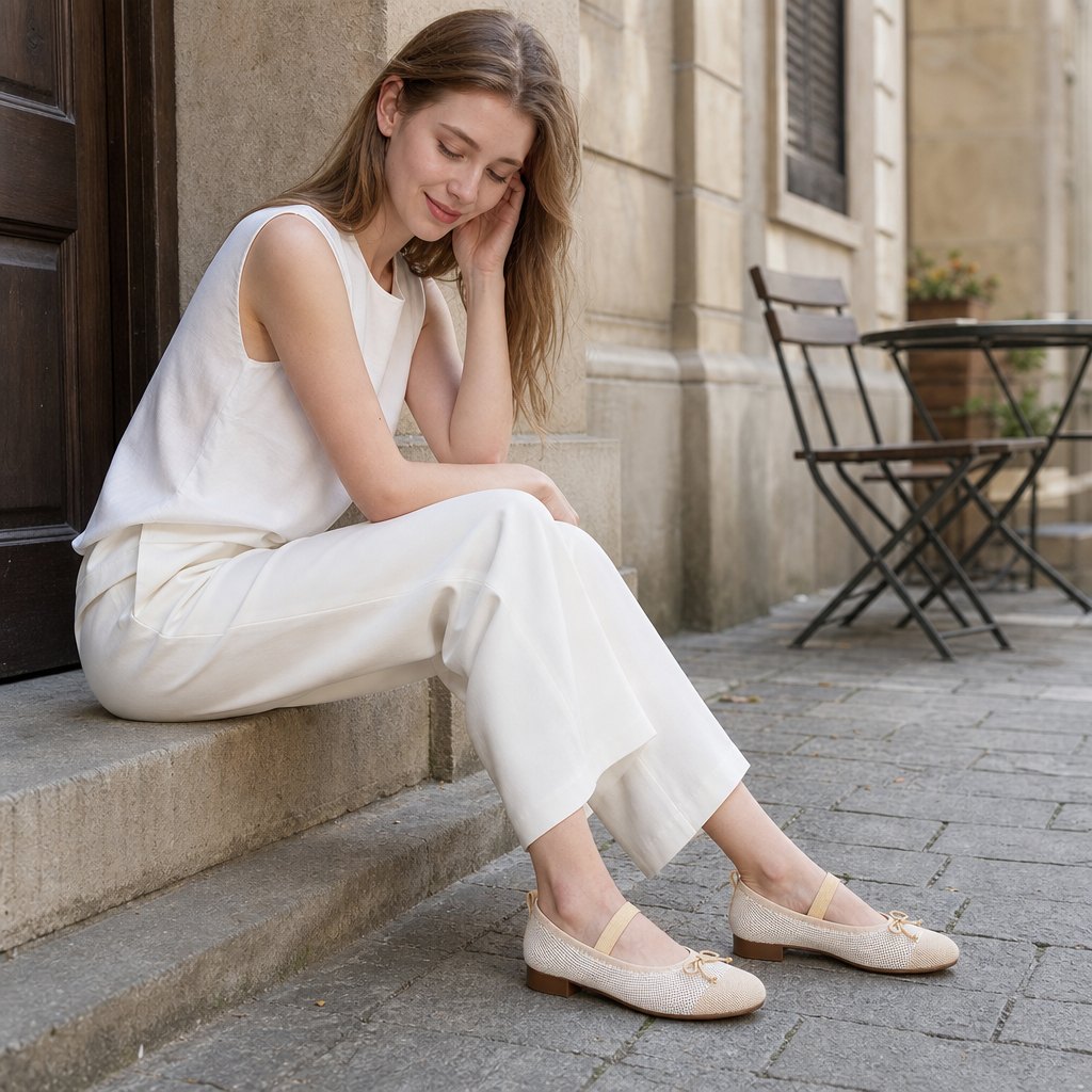 Beige flats worn in a seated outdoor lifestyle scene
