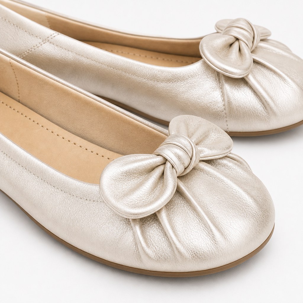 Close-up of bow detail and rounded toe on the flat shoes