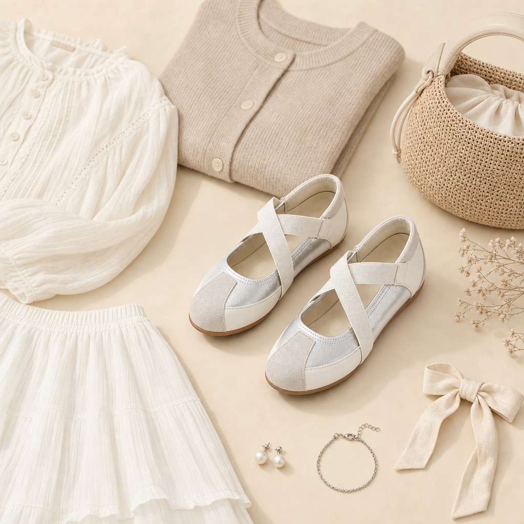 Styled flat-lay of Mary Jane shoes with fashion accessories