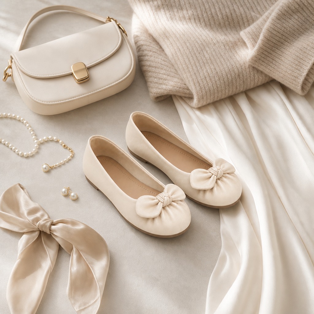 Flat-lay scene with the shoes and coordinated accessories