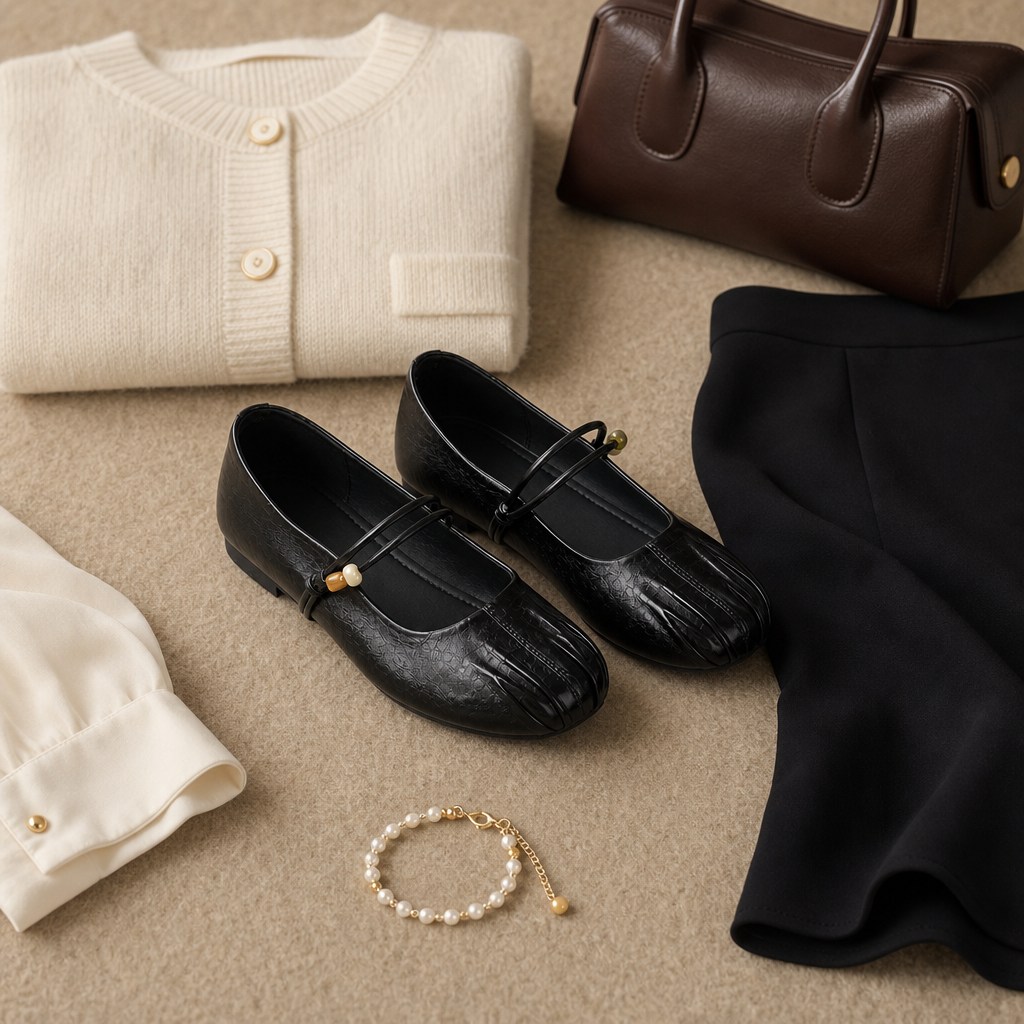 Black flats in a flat-lay styling scene with accessories
